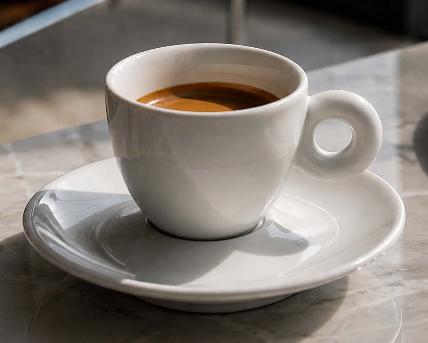 Espresso in weißer Tasse auf Marmortisch